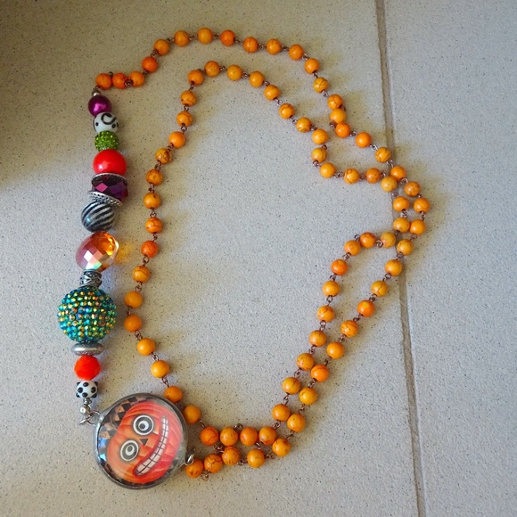 Jewelry - Orange Beaded Halloween Witchy Candy Corn Pumpkin Charm Long Layering Necklace